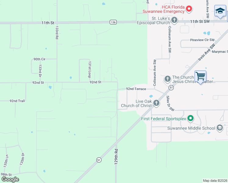 map of restaurants, bars, coffee shops, grocery stores, and more near 9279-9407 129th Road in Live Oak