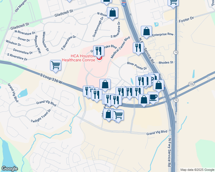 map of restaurants, bars, coffee shops, grocery stores, and more near 1600 Grand Lake Dr in Conroe