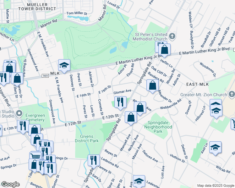 map of restaurants, bars, coffee shops, grocery stores, and more near 4404 Glomar Avenue in Austin