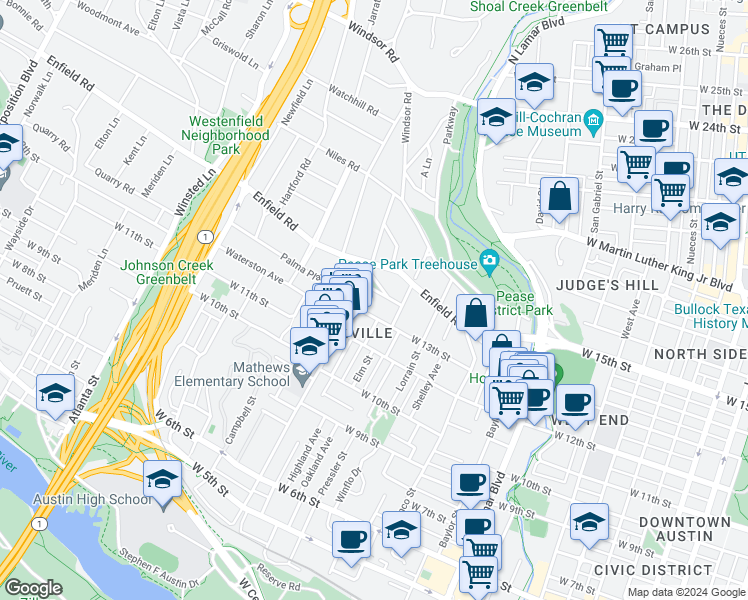 map of restaurants, bars, coffee shops, grocery stores, and more near 1524 Palma Plaza in Austin