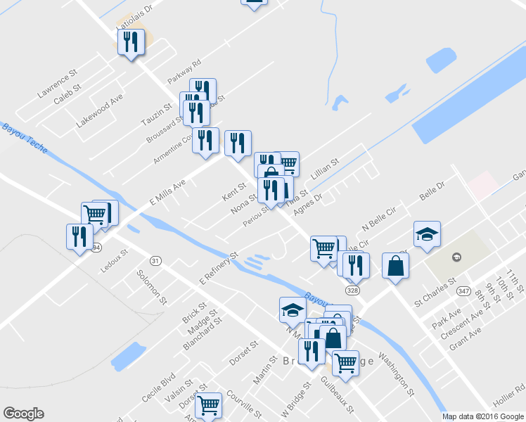 map of restaurants, bars, coffee shops, grocery stores, and more near 412 Periou Street in Breaux Bridge