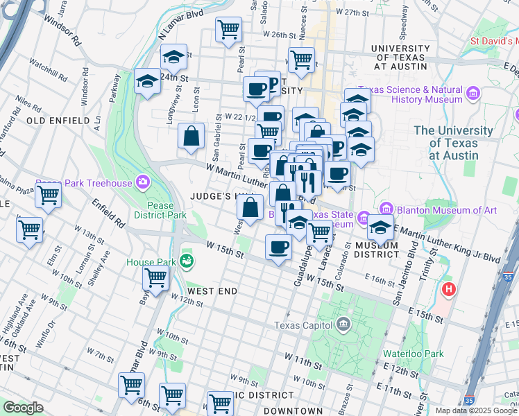 map of restaurants, bars, coffee shops, grocery stores, and more near 1712 Rio Grande Street in Austin