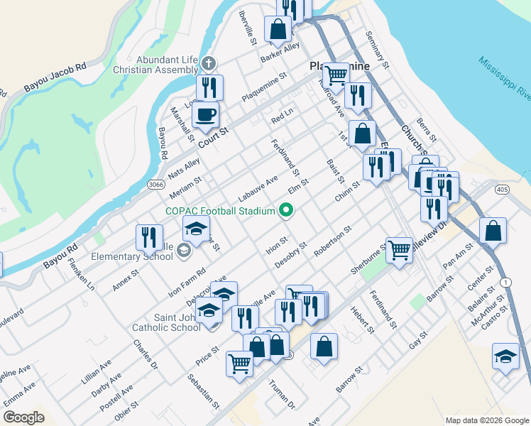 map of restaurants, bars, coffee shops, grocery stores, and more near 23920 Calvin Street in Plaquemine