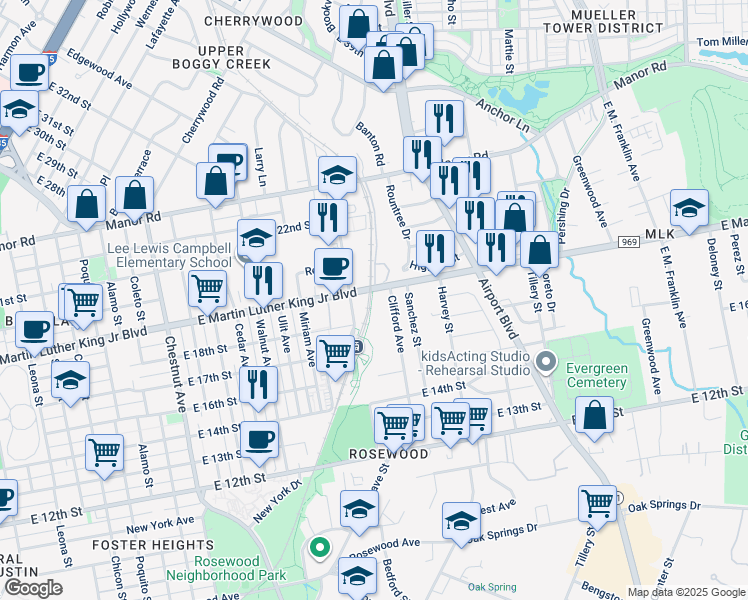 map of restaurants, bars, coffee shops, grocery stores, and more near 2903 1/2 East Martin Luther King Junior Boulevard in Austin
