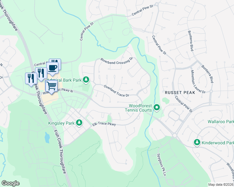 map of restaurants, bars, coffee shops, grocery stores, and more near Overland Trace Drive in Montgomery