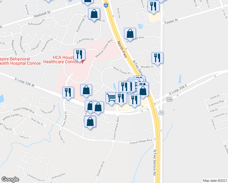 map of restaurants, bars, coffee shops, grocery stores, and more near 472 River Pointe Drive in Conroe
