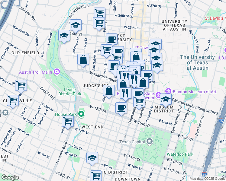 map of restaurants, bars, coffee shops, grocery stores, and more near 1801 West Avenue in Austin
