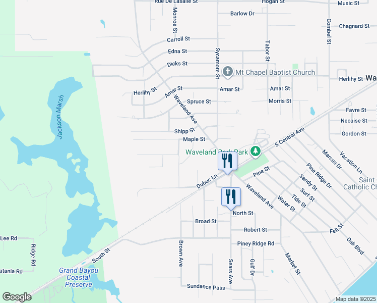 map of restaurants, bars, coffee shops, grocery stores, and more near 909 Maple Street in Waveland