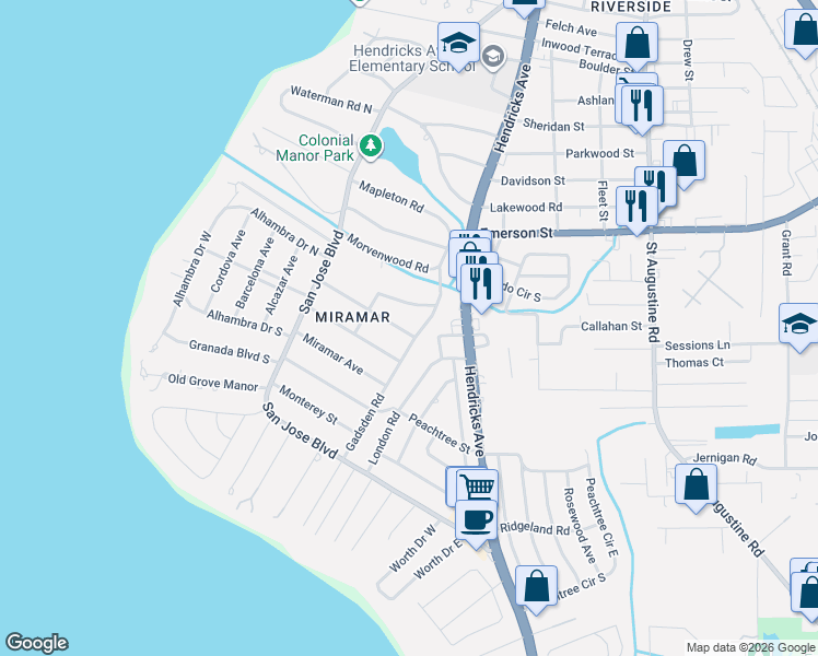 map of restaurants, bars, coffee shops, grocery stores, and more near 1275 Eutaw Place in Jacksonville