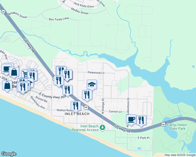 map of restaurants, bars, coffee shops, grocery stores, and more near 76 Sandpine Loop in Rosemary Beach