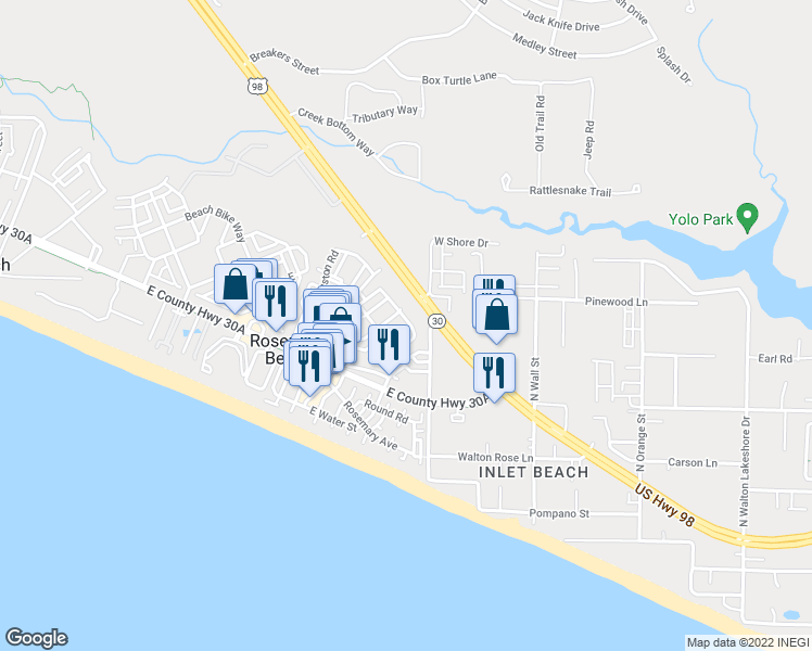 map of restaurants, bars, coffee shops, grocery stores, and more near 115 Kingston Road in Rosemary Beach
