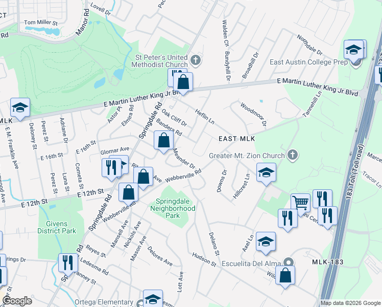 map of restaurants, bars, coffee shops, grocery stores, and more near 5001 Rob-Scott Street in Austin