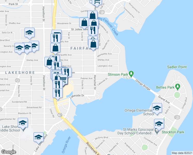 map of restaurants, bars, coffee shops, grocery stores, and more near 4174 San Juan Avenue in Jacksonville