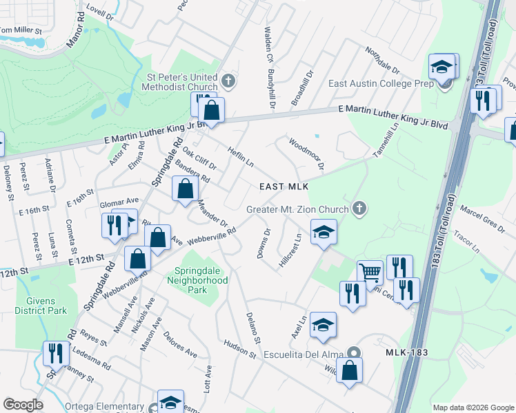 map of restaurants, bars, coffee shops, grocery stores, and more near 5213 Rob-Scott Street in Austin
