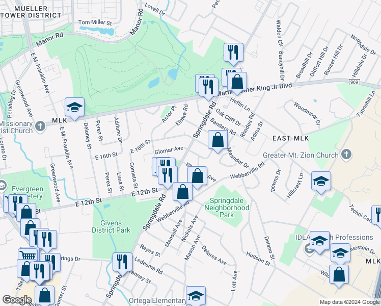 map of restaurants, bars, coffee shops, grocery stores, and more near 4605 Leslie Avenue in Austin