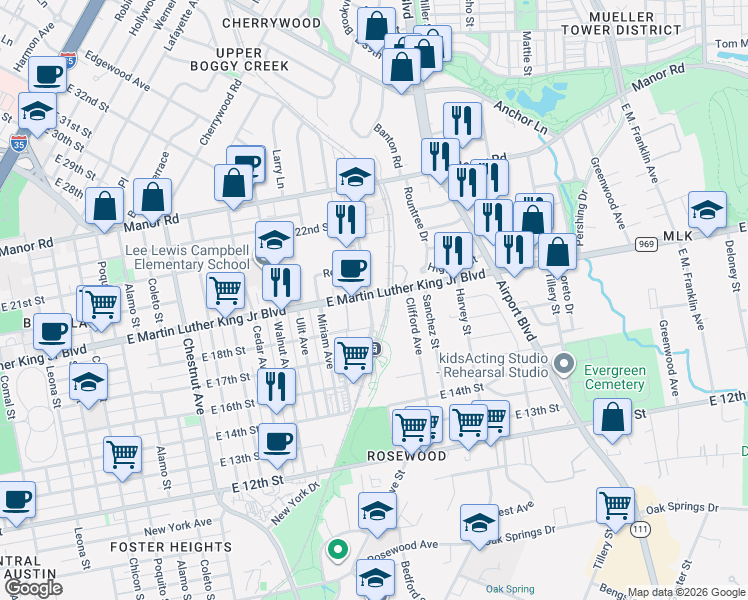 map of restaurants, bars, coffee shops, grocery stores, and more near 2903 1/2 East Martin Luther King Junior Boulevard in Austin