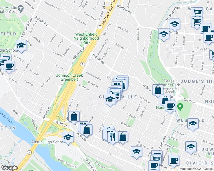 map of restaurants, bars, coffee shops, grocery stores, and more near 1640 Waterston Avenue in Austin