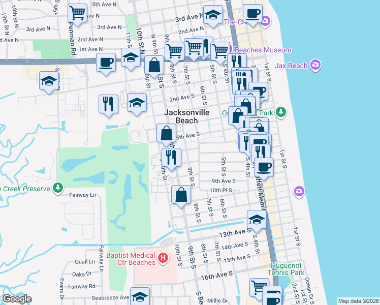 map of restaurants, bars, coffee shops, grocery stores, and more near 739 8th Street South in Jacksonville Beach