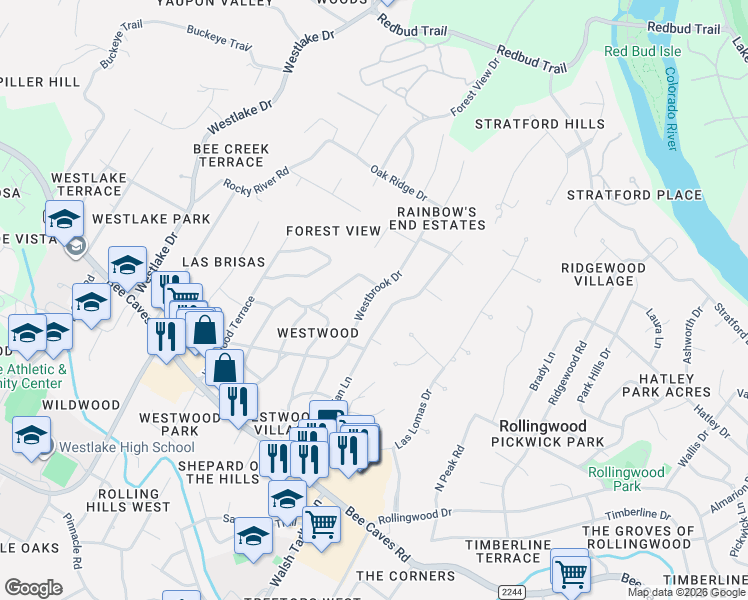 map of restaurants, bars, coffee shops, grocery stores, and more near 603 Westbrook Drive in Austin