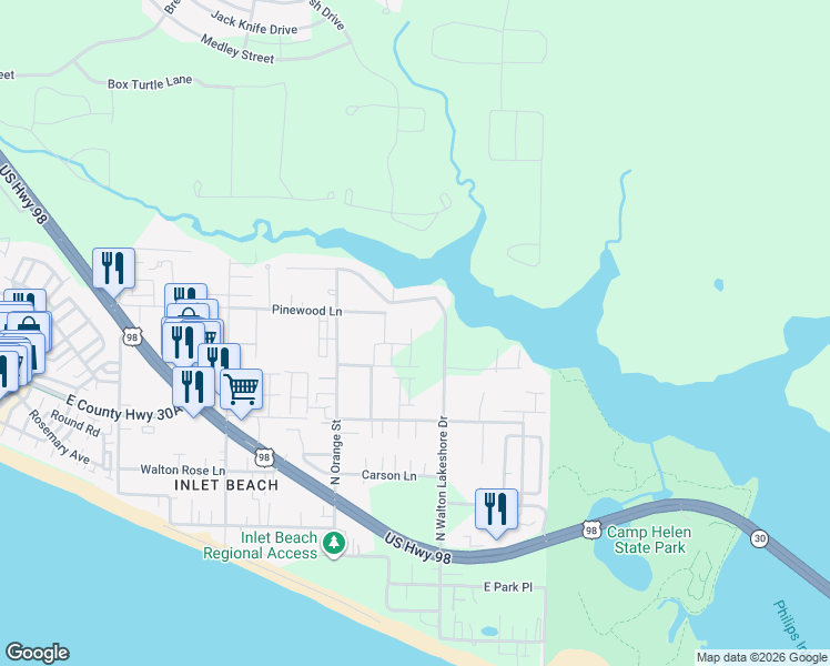 map of restaurants, bars, coffee shops, grocery stores, and more near 655 North Walton Lakeshore Drive in Walton County