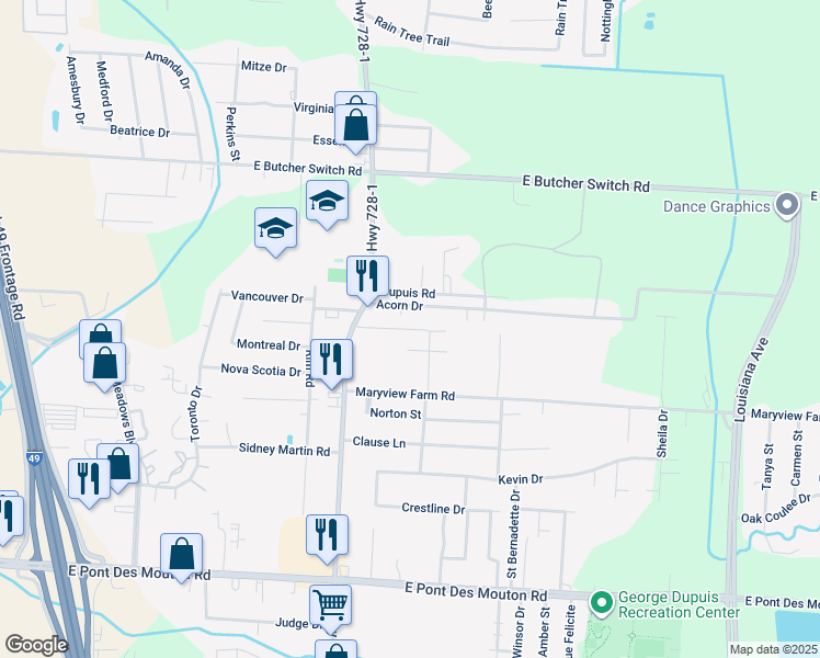 map of restaurants, bars, coffee shops, grocery stores, and more near Mary Ann Drive in Lafayette