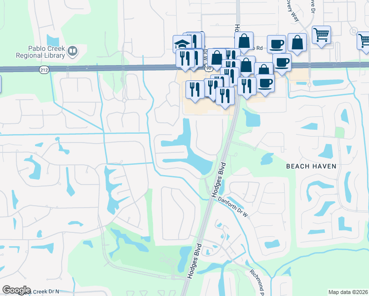 map of restaurants, bars, coffee shops, grocery stores, and more near 13555 Montecito Place in Jacksonville
