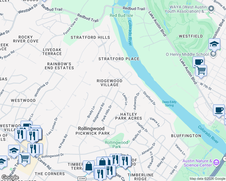 map of restaurants, bars, coffee shops, grocery stores, and more near 307 Ridgewood Road in Austin