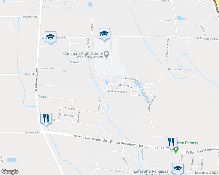 map of restaurants, bars, coffee shops, grocery stores, and more near 205 Bayonne Drive in Lafayette