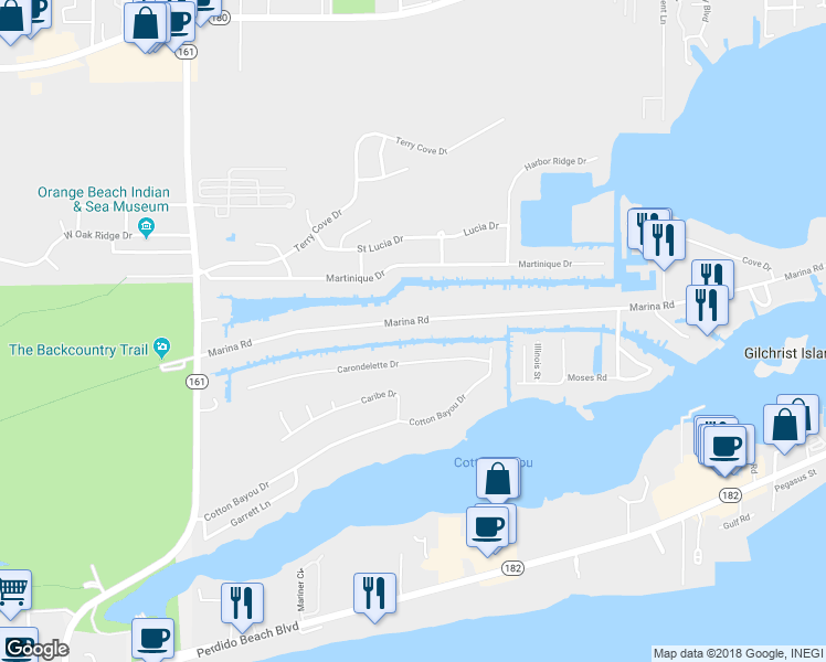 map of restaurants, bars, coffee shops, grocery stores, and more near 26490 Marina Road in Orange Beach