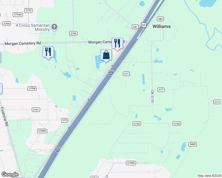 map of restaurants, bars, coffee shops, grocery stores, and more near 3679 U.S. 59 in Cleveland