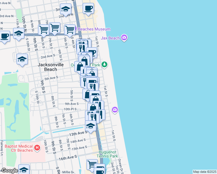 map of restaurants, bars, coffee shops, grocery stores, and more near 722 Ocean Front South in Jacksonville Beach