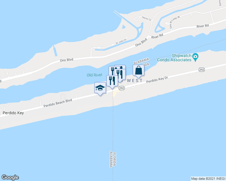 map of restaurants, bars, coffee shops, grocery stores, and more near 17499 Perdido Key Drive in Pensacola