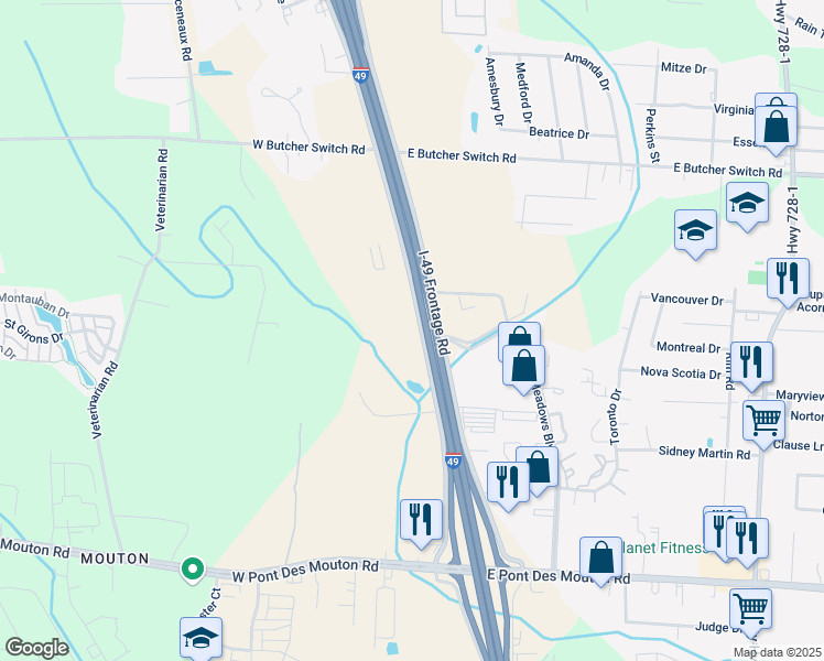 map of restaurants, bars, coffee shops, grocery stores, and more near 2851 Interstate 49 South Service Road in Lafayette