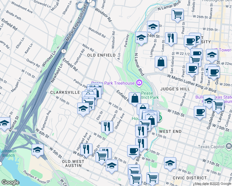 map of restaurants, bars, coffee shops, grocery stores, and more near 1409 Enfield Road in Austin