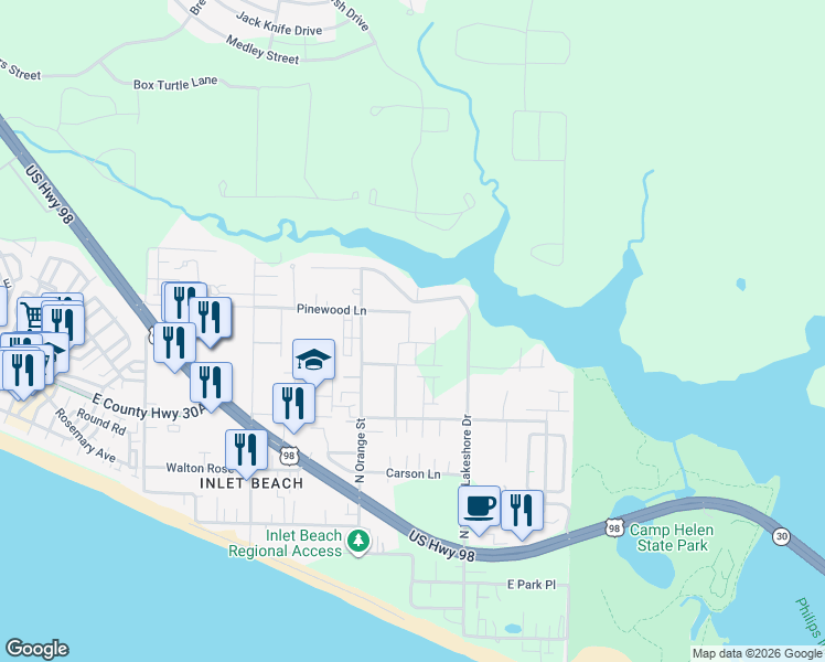 map of restaurants, bars, coffee shops, grocery stores, and more near 424 Pinewood Lane in Panama City Beach