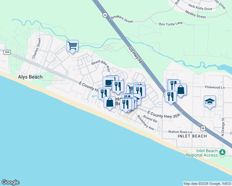 map of restaurants, bars, coffee shops, grocery stores, and more near 10343 East County Highway 30A in Rosemary Beach