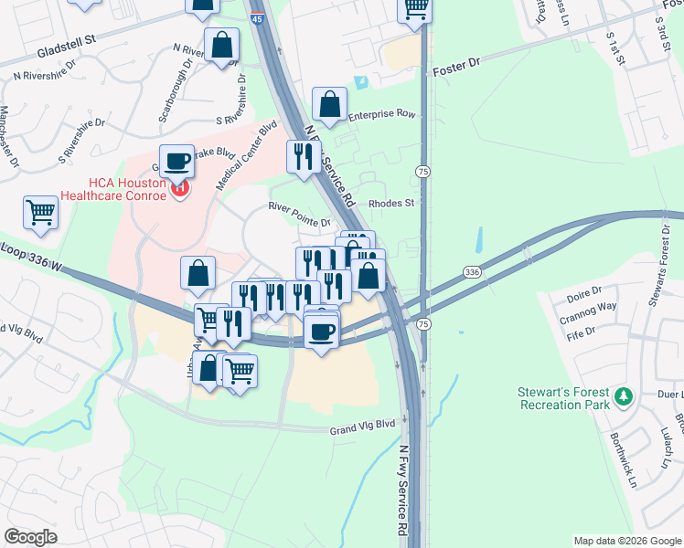 map of restaurants, bars, coffee shops, grocery stores, and more near 220 South Loop 336 West in Conroe
