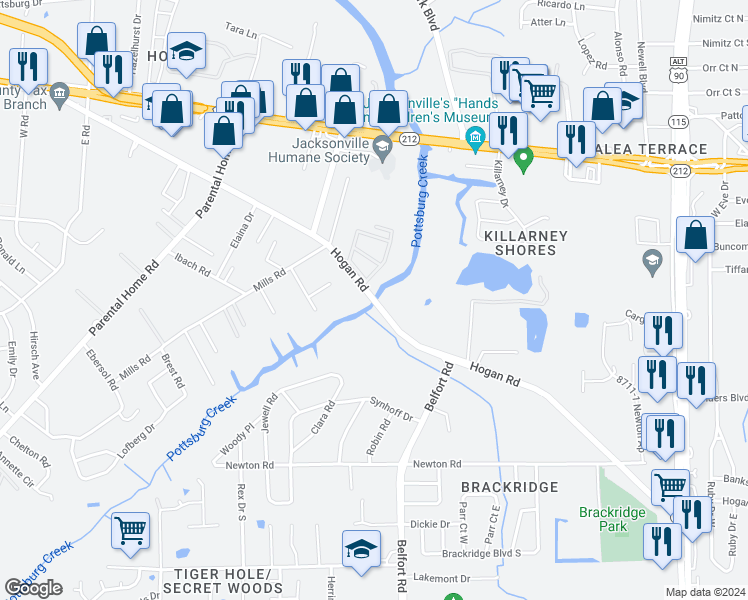 map of restaurants, bars, coffee shops, grocery stores, and more near 8500 Hogan Road in Jacksonville