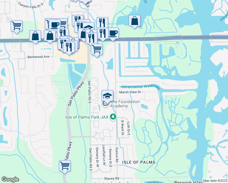 map of restaurants, bars, coffee shops, grocery stores, and more near 3525 Eunice Road in Jacksonville