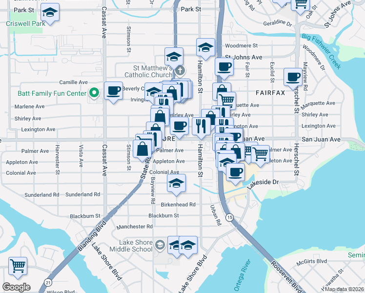 map of restaurants, bars, coffee shops, grocery stores, and more near 4570 San Juan Avenue in Jacksonville