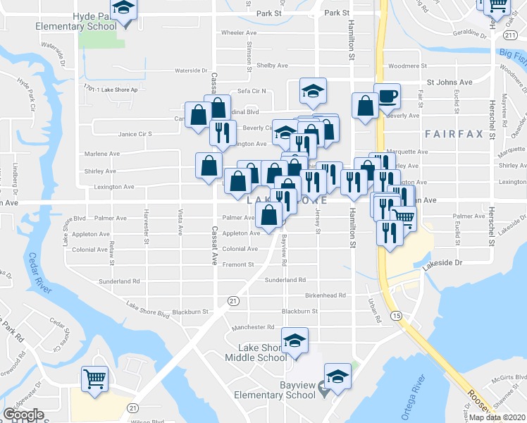 map of restaurants, bars, coffee shops, grocery stores, and more near 4738 San Juan Avenue in Jacksonville