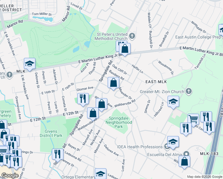 map of restaurants, bars, coffee shops, grocery stores, and more near 1603 Berene Avenue in Austin