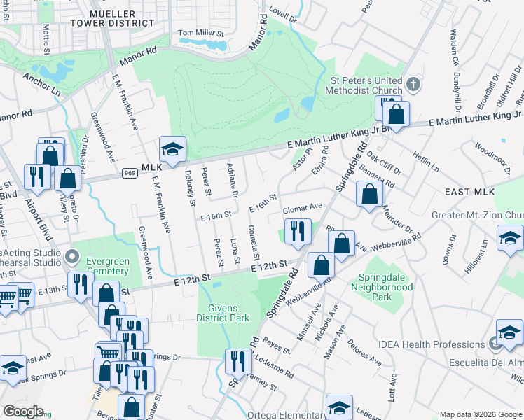 map of restaurants, bars, coffee shops, grocery stores, and more near 4201 Leslie Avenue in Austin