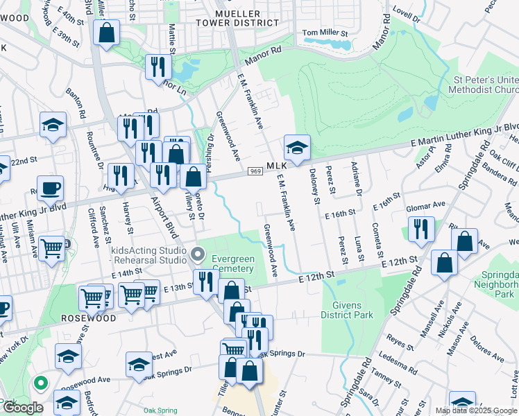 map of restaurants, bars, coffee shops, grocery stores, and more near 1704 E. M. Franklin Avenue in Austin