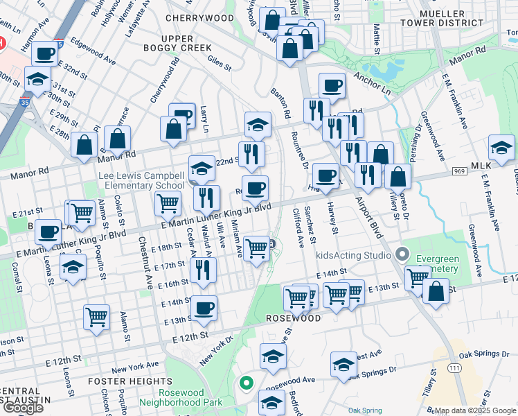 map of restaurants, bars, coffee shops, grocery stores, and more near 2834 East Martin Luther King Junior Boulevard in Austin