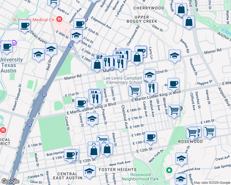 map of restaurants, bars, coffee shops, grocery stores, and more near 2007 Chestnut Avenue in Austin