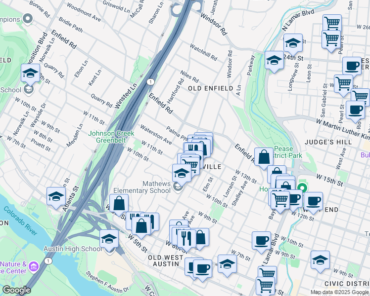 map of restaurants, bars, coffee shops, grocery stores, and more near 1614 West 14th Street in Austin