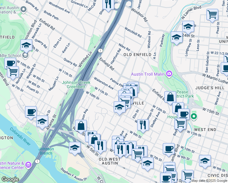 map of restaurants, bars, coffee shops, grocery stores, and more near 1640 Waterston Avenue in Austin