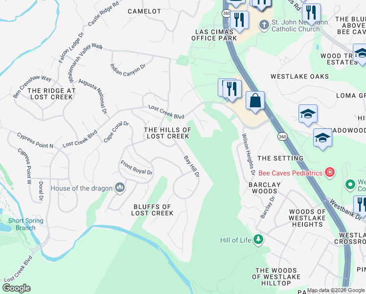 map of restaurants, bars, coffee shops, grocery stores, and more near 1417 Bay Hill Drive in Austin