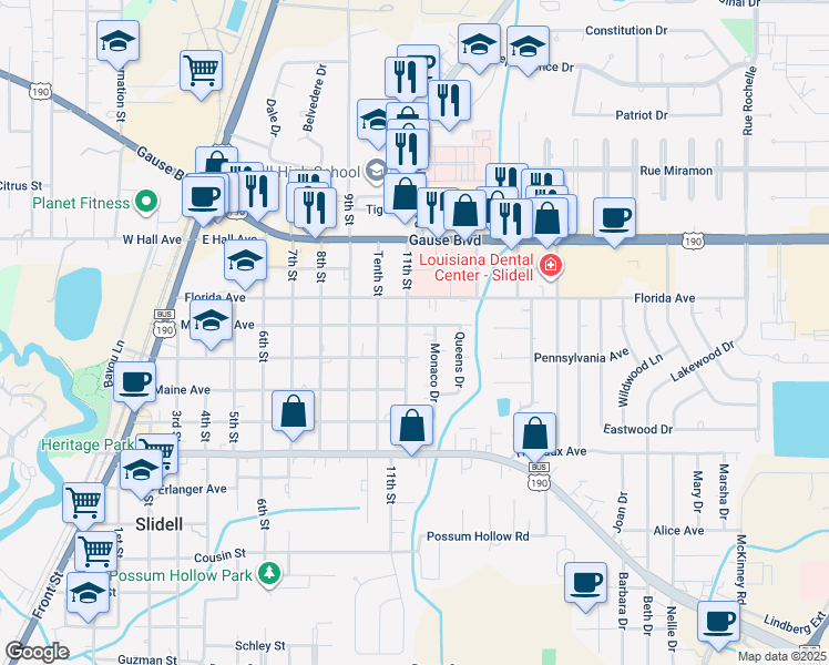 map of restaurants, bars, coffee shops, grocery stores, and more near 1465 11th Street in Slidell